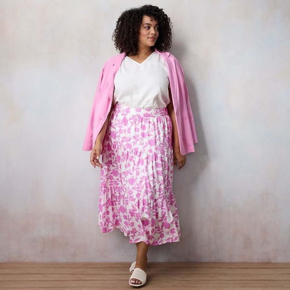 Lauren Conrad Pink Floral Tiered Midi Skirt Size 1X Linen Blend Coquette Cottage - Picture 1 of 14